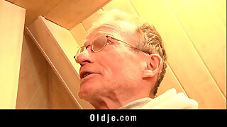 Horny blonde teen fucked by two nice grandpas